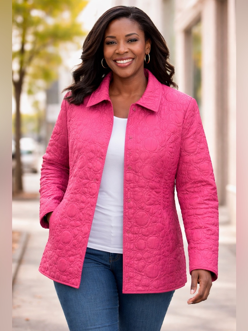 Sigrid Olsen Pink Quilted Jacket With Pockets & Snaps 100% Silk Sz(L) - Picture 2 of 7
